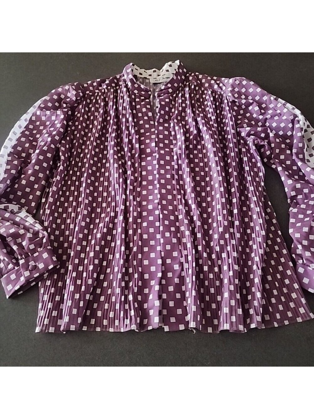 Vintage 70's Hal Ferman Womens S/M Flowing Blouse sleeve Purple White Squares